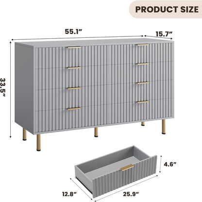 8 Drawer Dresser for Bedroom, Fluted 55" Wide Modern Chest of Drawers with Deep Drawers, Long Large Double Dresser TV Stand, Wooden Dresser Organizer for Living Room, Hallway, Kids Room, Grey