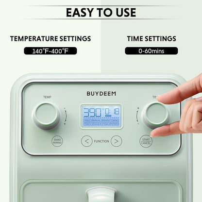 BUYDEEM F51 8-in-1 Air Fryer 4.2QT, Retro Countertop Airfryer Oven with Visible Window, Shake Reminder, One-touch Control with LCD Display, Cozy Greenish