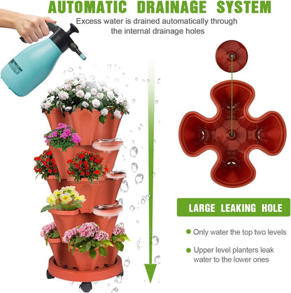 Vertical Strawberry Planter 5 Tier Stackable Tower Herb Planters Stacking Outdoor Garden Planters Pot with Tools Mover for Growing Flowers, Vegetables and Succulents