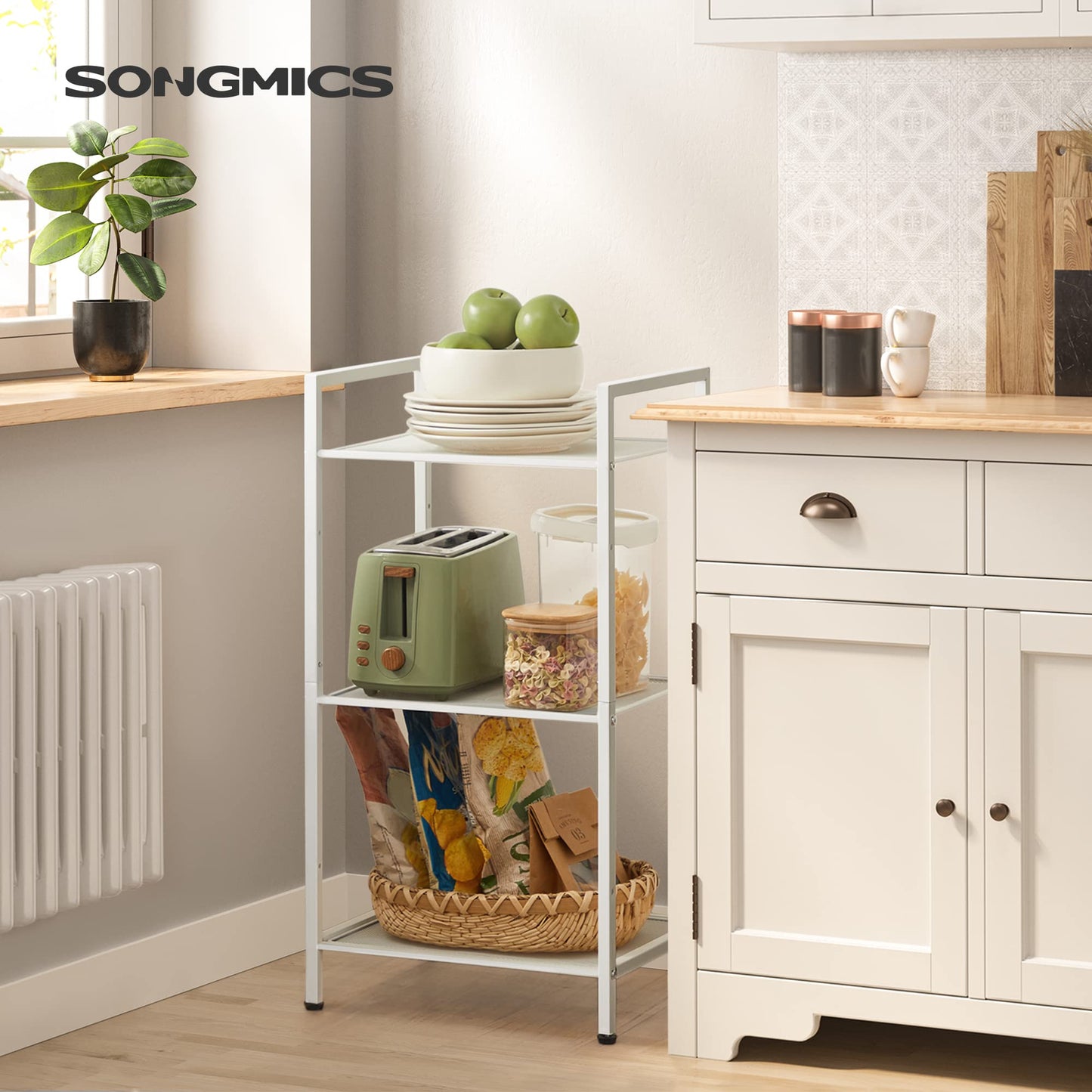 SONGMICS 3-Tier Storage Rack, Bathroom Shelf, Extendable Plant Stand with Adjustable Shelf, for