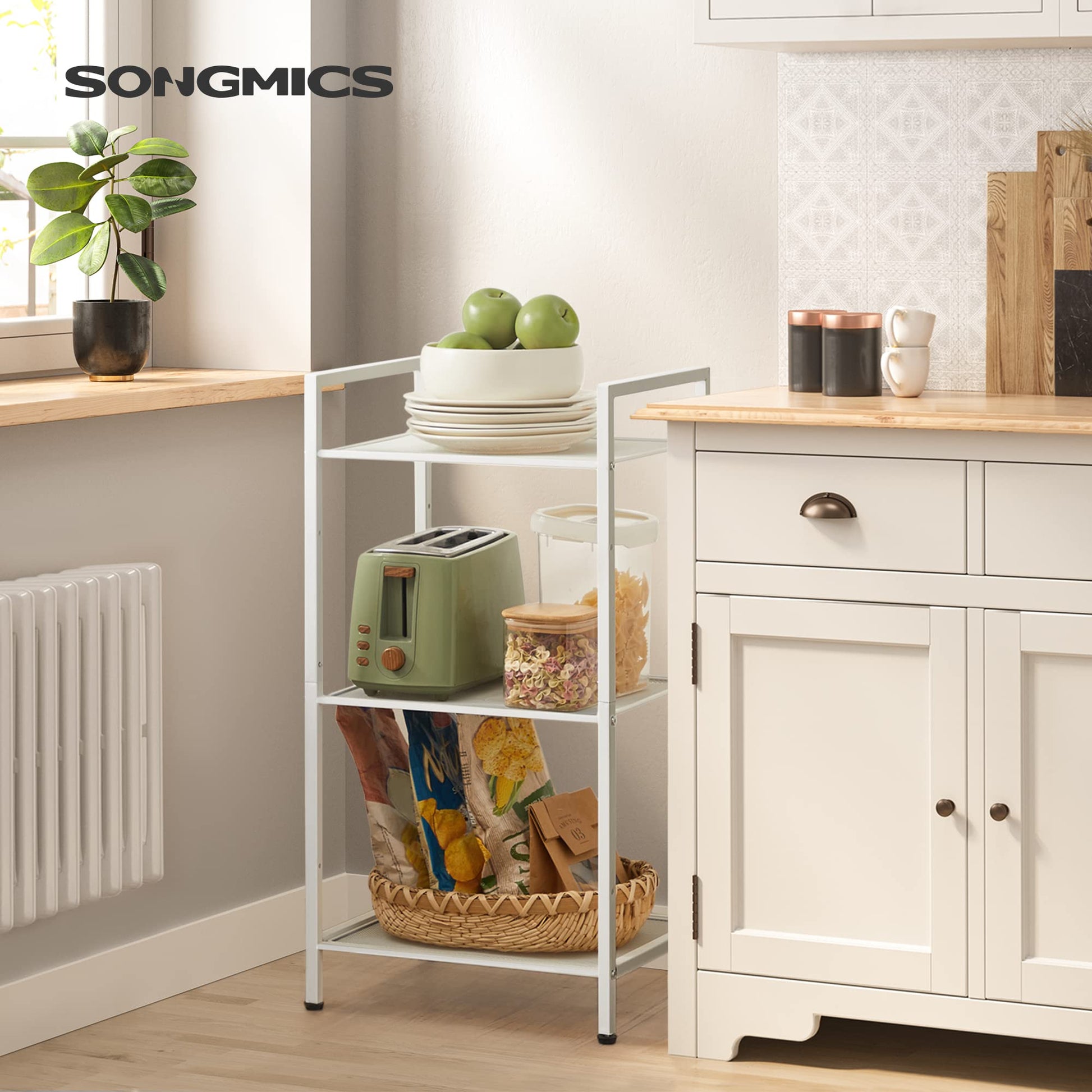 SONGMICS 3-Tier Storage Rack, Bathroom Shelf, Extendable Plant Stand with Adjustable Shelf, for