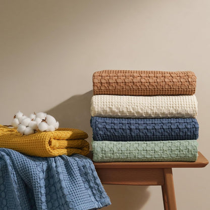 PHF 100% Cotton Waffle Weave Blanket Queen Size, Soft Lightweight Breathable Cozy Summer Blankets for Bed, Luxury Aesthetic Woven Bedding for Home Decor, 90"x90", Dark Navy