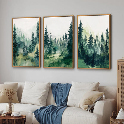Tinonedraw Misty Forest Framed Canvas Wall Art Set, Modern Pine Trees Wall Painting, Watercolor Nature Foggy Landscape Wall Decor, Neutral Mountain ArtWork for Bedroom Living Room and Office 24"x36"x3