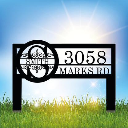 Personalized Metal Yard Address Sign with Last Name and Monogram, House Number Sign for Lawn and Patio