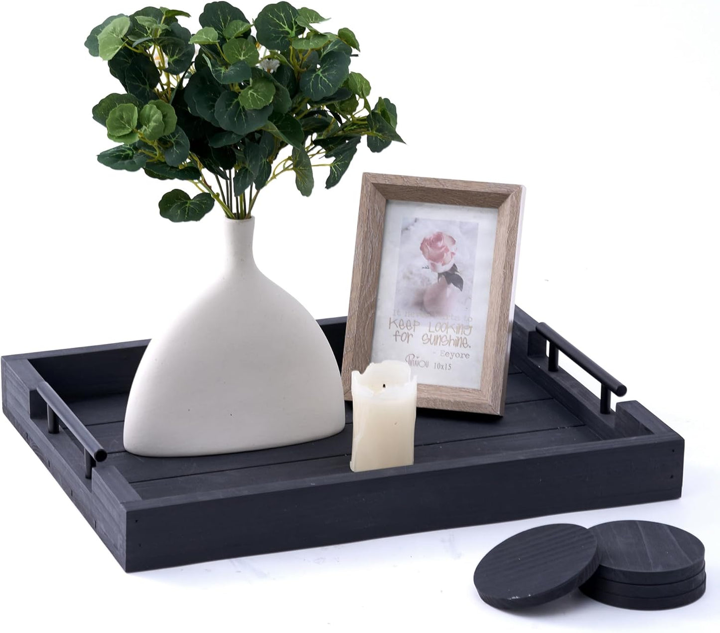 Dark Grey Coffee Table Decorative Serving Tray with Handles & 4 Coasters - 17x13 Inch Wood Tray for Ottoman, Breakfast, Wooden Tray