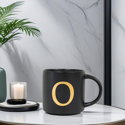 COLLECTIVE HOME - Monogram Ceramic Mugs, 15 oz Golden Initial Black Coffee Cups, Elegant Alphabet Tea Mugs, Elegant Personalized Mug with Gift Box, Unique Mug with Double Side Capital Lette (O)