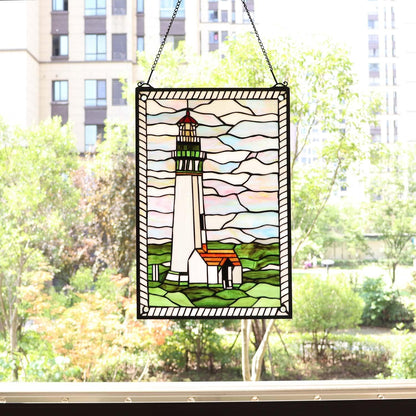 Bieye W10005 Pigeon Point Lighthouse Tiffany Style Stained Glass Window Panel with Hanging Chain, 15" W x 23" H