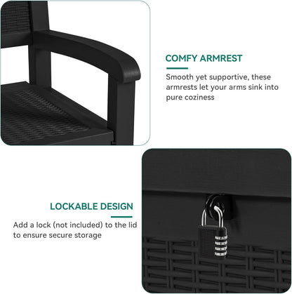 YITAHOME 70 Gallon Deck Bench with Storage, Outdoor Storage Box Bench with Armrests for Patio Garden Pool Porch, Waterproof&Lockable, Black