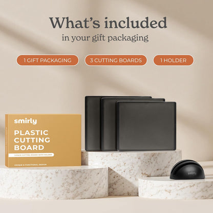 SMIRLY Plastic Cutting Board Set with Holder 3 Pieces, Non-Slip Dishwasher Safe Chopping Boards for Kitchen, Dark Grey