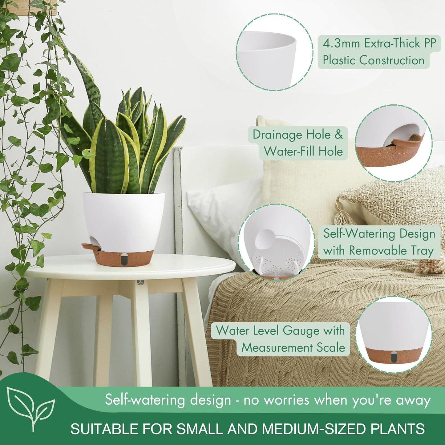 montresor 2 Pack 8 inch Plant Pots, PP Plastic Self Watering Plant Pot with Drainage and Tray for Indoor Outdoor Plants, Water Level Window & Reservoir Flower Pots Decorative Planter(White)