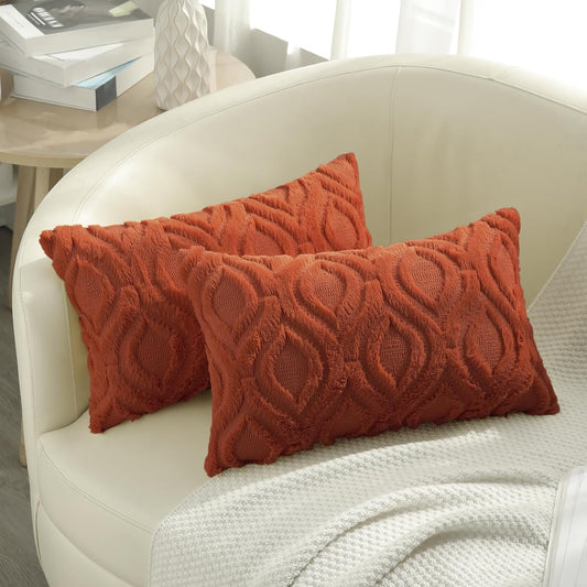 decorUhome Fall Throw Pillow Covers 12x20 Inch Set of 2, Soft Plush Decorative Faux Fur Rust Solid Couch Pillow Covers, Accent Farmhouse Neutral Lumbar Euro Pillow Cases for Sofa Bed Living Room