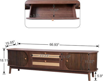 Merax Modern Fluted TV Stand for 75" TVs, Mid-Century Entertainment Center Tambour Door Media Console TV Cabinet with Rattan-Front Drawer for Living Room, Curved Profile Design