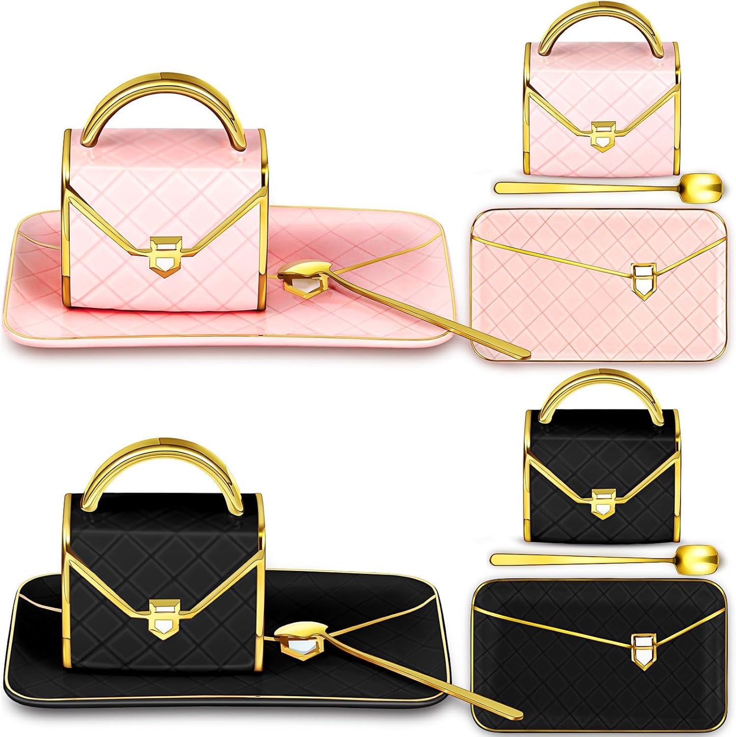 Zubebe 2 Sets Coffee Mug Elegant Handbag Shaped Cup Modern Ceramic Purse Mug with Spoon and Saucer, 10oz Cute Creative Tea Cup for Office Home Woman Girls Gift (Pink,Black)