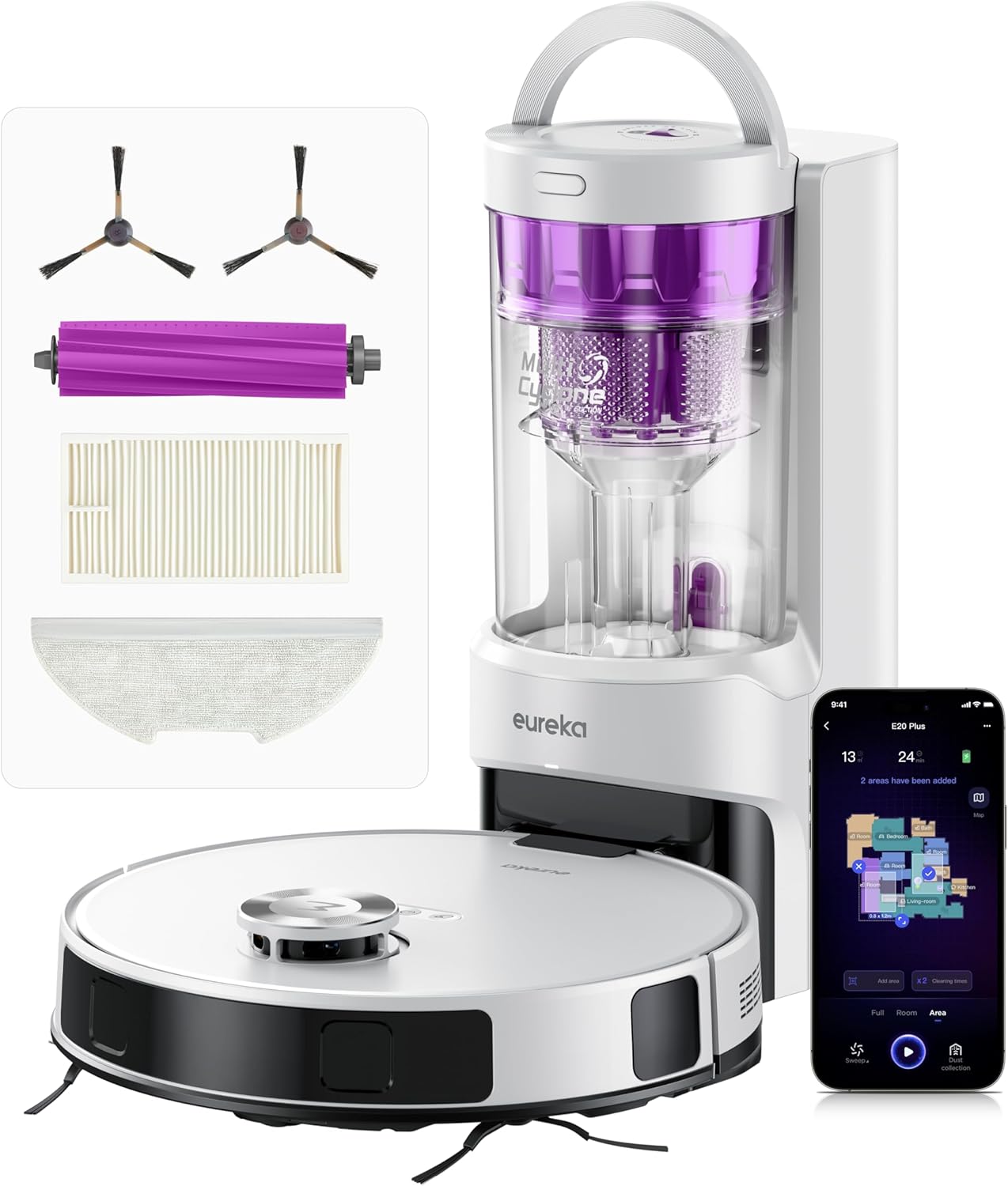 Eureka E20 Plus Robot Vacuum with Bagless Self Emptying Station, Robotic Vacuum and Mop Combo, 45-Day Capacity, Upgraded 8000Pa Suction and Anti Hair-Tangling Brush, LiDAR Navigation, App Control