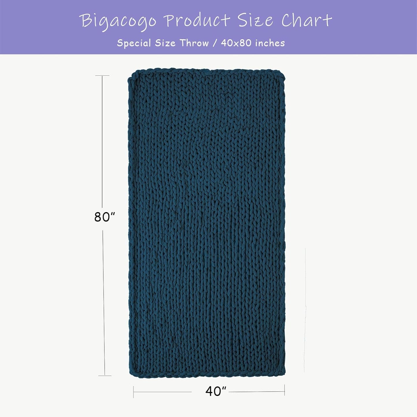Bigacogo Chunky Knit Throw Blanket for Couch, 40x80 inches, 100% Hand Knitted with Thick Jumbo Chenille Yarn, Cozy Soft Large Rope Knot Cable Crochet Blankets for Sofa Bed Living Room, Deep Sea Blue