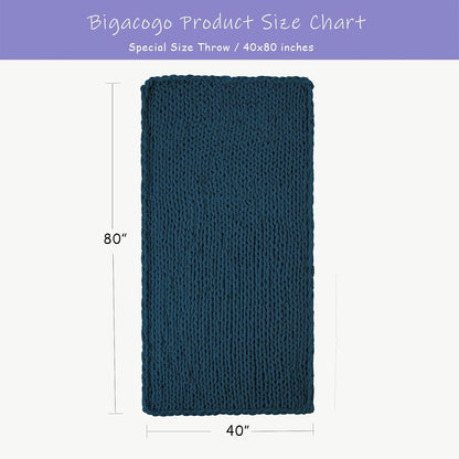 Bigacogo Chunky Knit Throw Blanket for Couch, 40x80 inches, 100% Hand Knitted with Thick Jumbo Chenille Yarn, Cozy Soft Large Rope Knot Cable Crochet Blankets for Sofa Bed Living Room, Deep Sea Blue