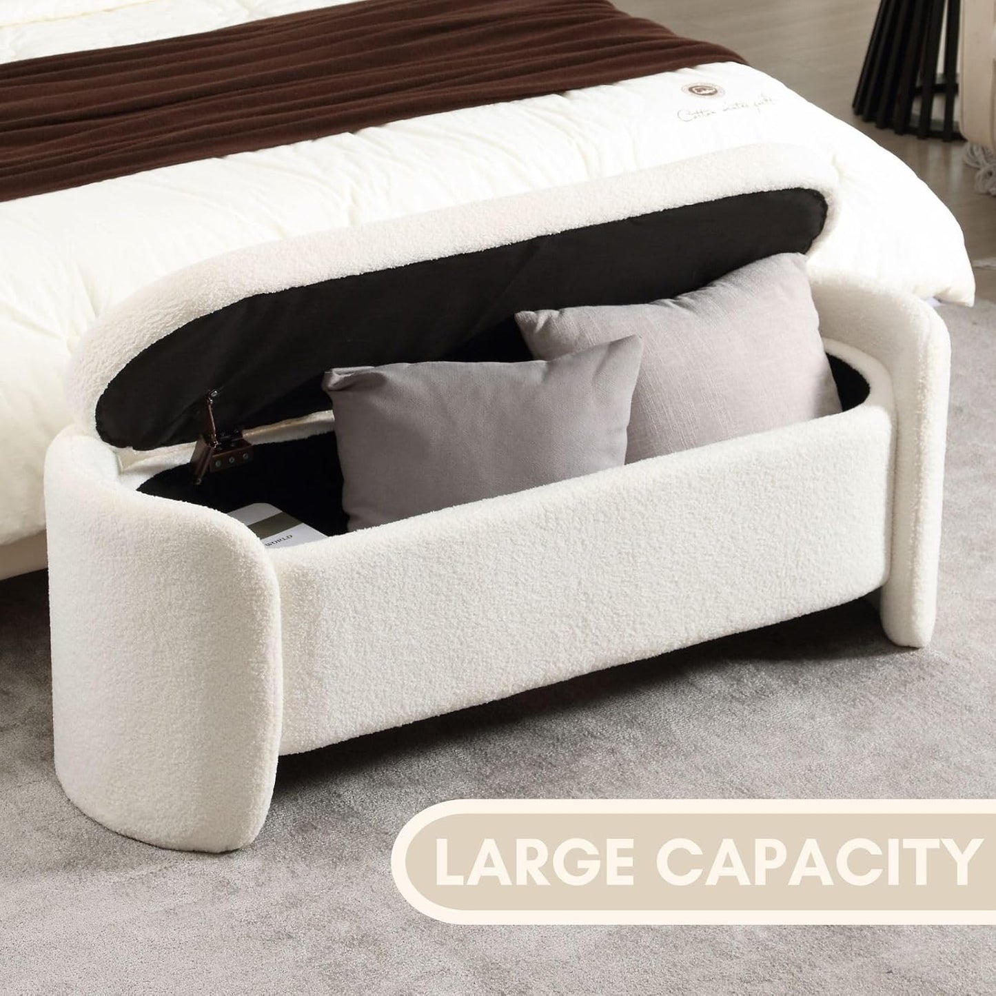 ROCTY White Boucle Storage Bench - 50" Sherpa Ottoman Bench for Bedroom, Entryway, Living Room & Vanity - Teddy Fabric with Storage & Seating