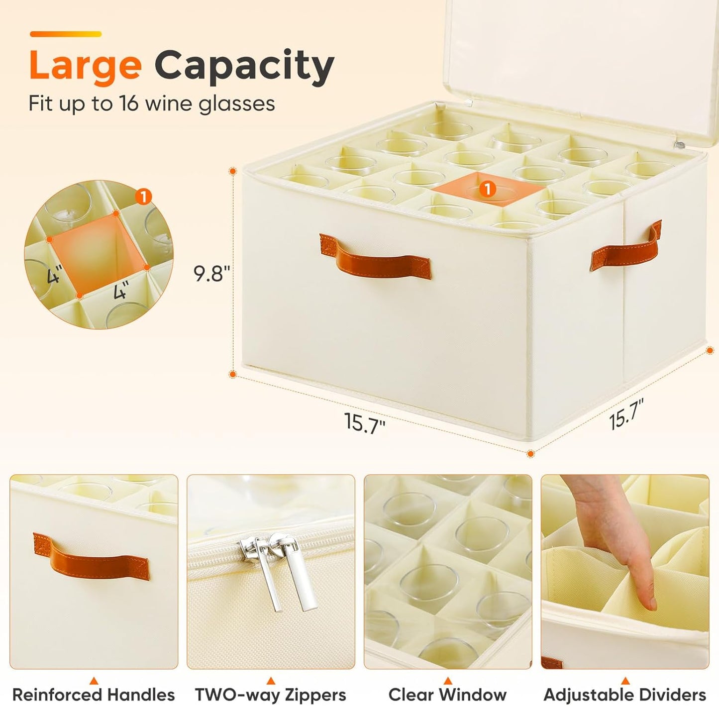 Wine Glass Storage Box with Dividers, 2 Pack Glassware Storage Containers, Stemware Storage Cases Holds 32 Wine Glasses, Stackable Crystal Storage Containers with Clear Cover for Moving，Beige