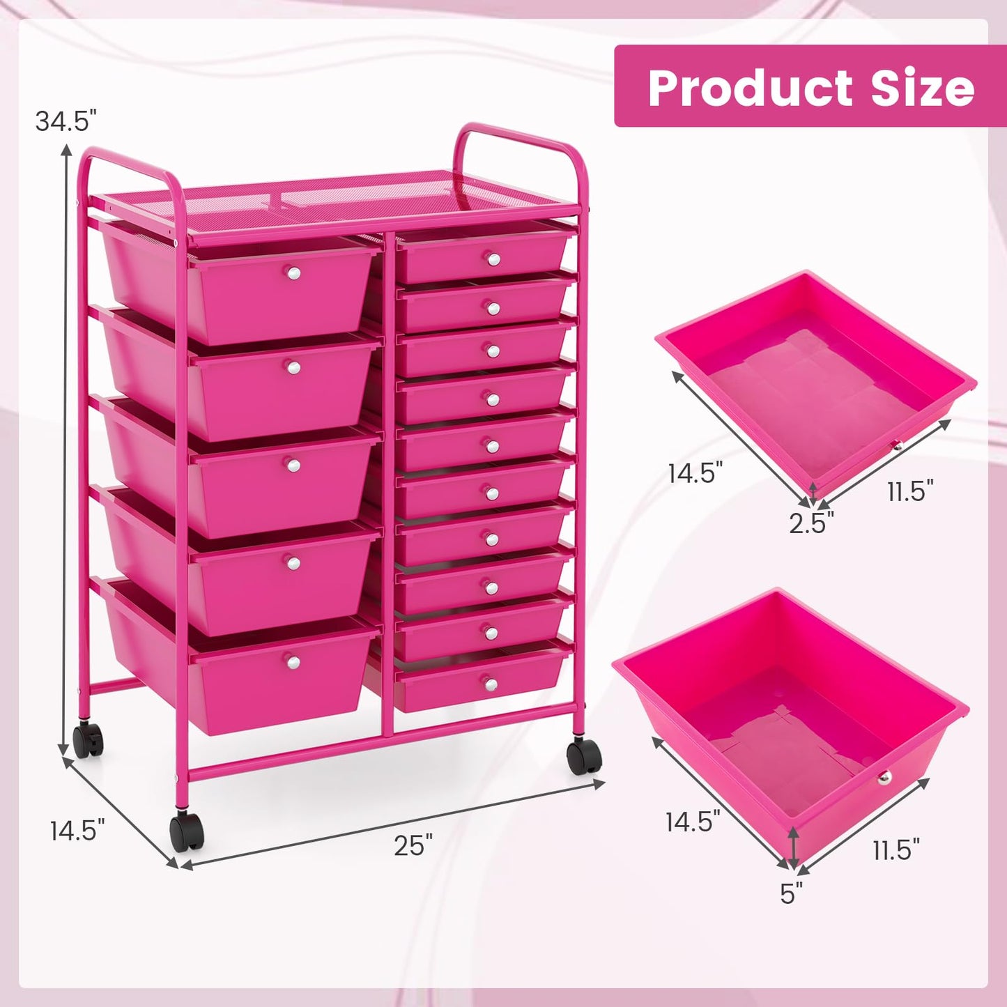 COSTWAY 15 Drawer Rolling Storage Cart, Mobile Utility Cart with Lockable Wheels, Drawers
