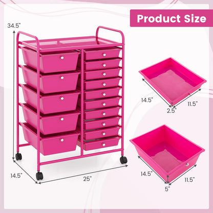 COSTWAY 15 Drawer Rolling Storage Cart, Mobile Utility Cart with Lockable Wheels, Drawers