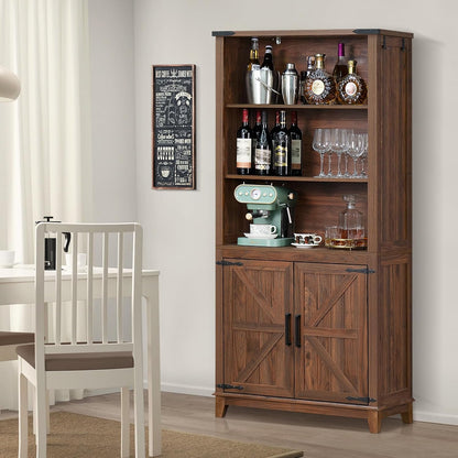 70in Tall Bookshelf 5 Tier Bookcase with Barn Doors and Adjustable Shelves, Brown Farmhouse Book Shelf with Storage Cabinet, Wood Freestanding Display Bookshelves for Bedroom, Living Room