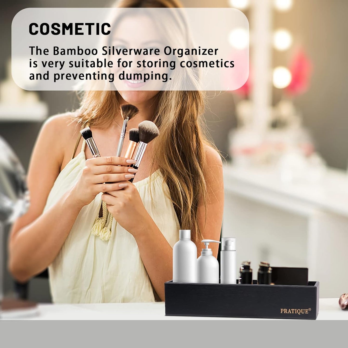 Bamboo Drawer Organizer - Kitchen Utensil Organizer Silverware Tray Cutlery Holder，Office Desk Supplies and Accessories,15 * 5.9 * 2.6,Black