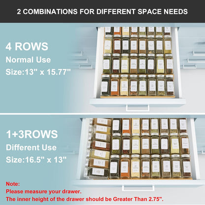 Spice Drawer Organizer with 24 Spice Jars and 216 Labels,Non-slip Rubber, Bamboo 4 Tier Spice Racks Tray Seasoning Containers for Kitchen Drawers,Cabinets,Countertops,13" Wide * 15.8" Deep