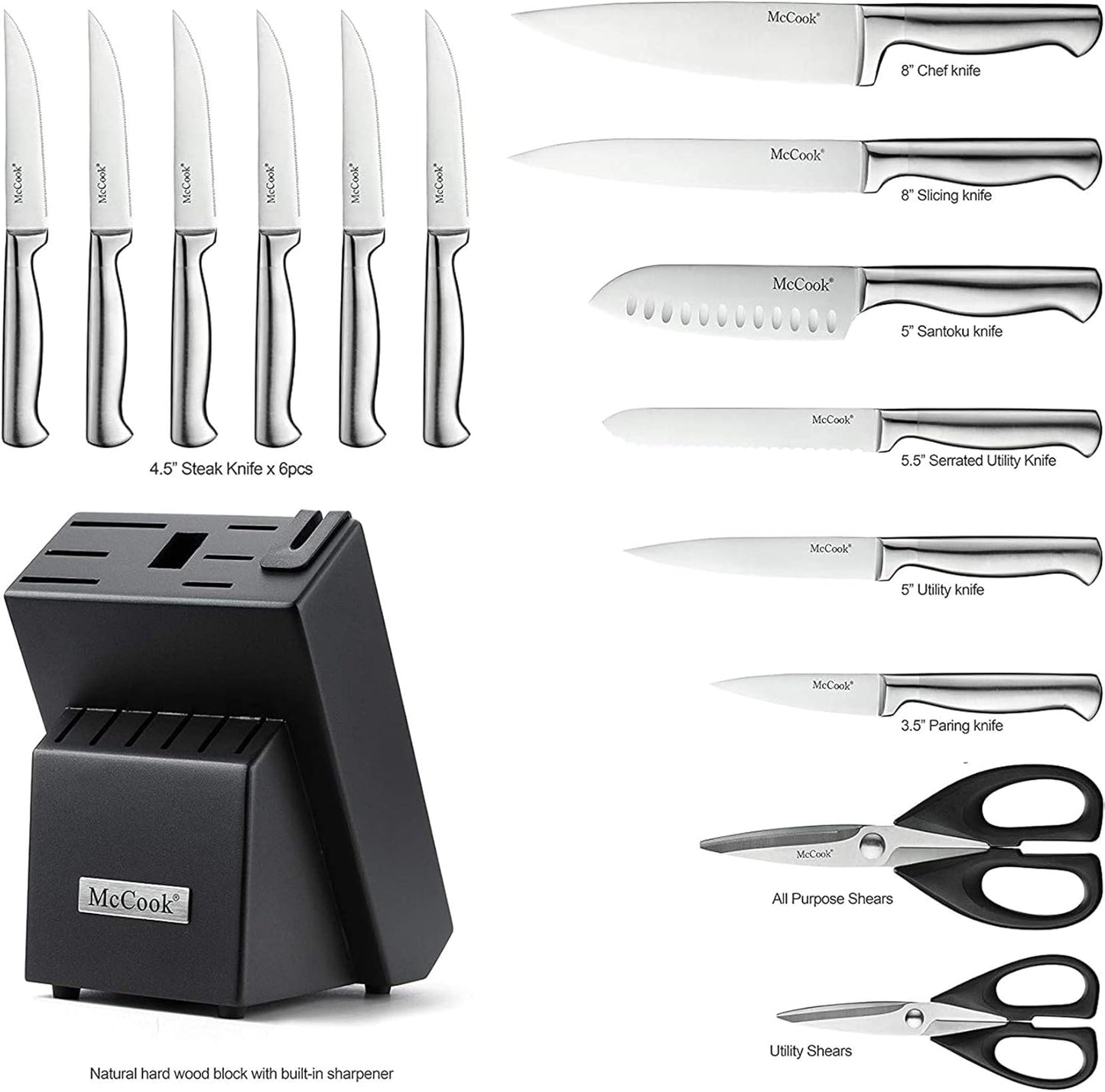 McCook® Knife Sets, German Stainless Steel Knife Block Sets with Built-in Sharpener