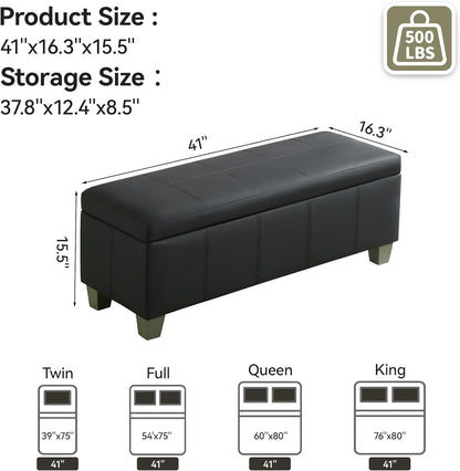41" Faux Leather Storage Ottoman, Stitch Tufted Rectangle Upholstered End of Bed Storage Bench, Entryway Large Couch Ottoman with Wooden Legs, Dark Black