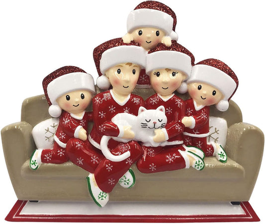 3D Matching Pajama Family of 5 with Cat Ornament 2025 Personalized Family Christmas Ornaments 2025 | Pet Lovers Personalized Tree Ornaments Customizable Gifts of Cat Lovers of Five with Pet Ornament