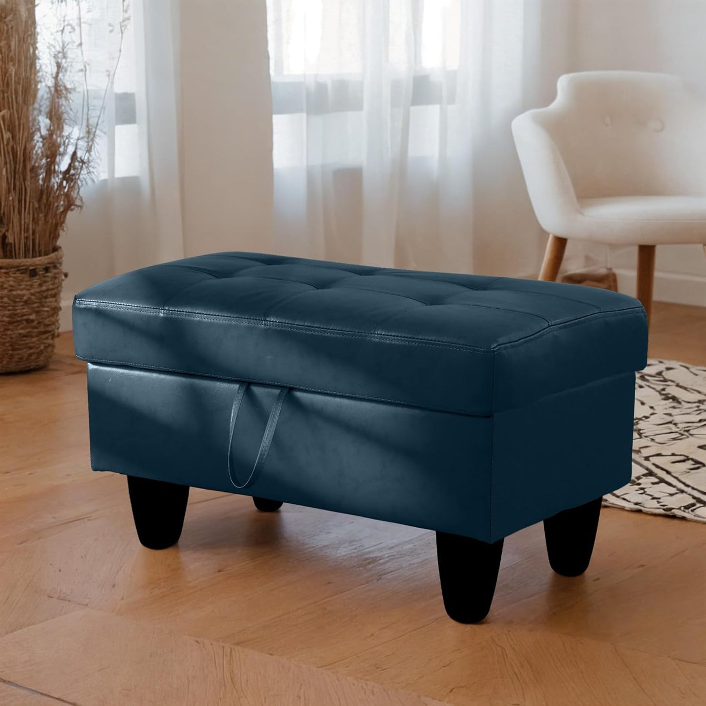 Ottoman Rectangular Storage Ottoman Bench, Faux Leather Footrest, Coffee Table, Stool Footstool with Hinged Lid for Living Room, Bedroom, Entryway, Dark Blue, 35"x23.5"x17.5"