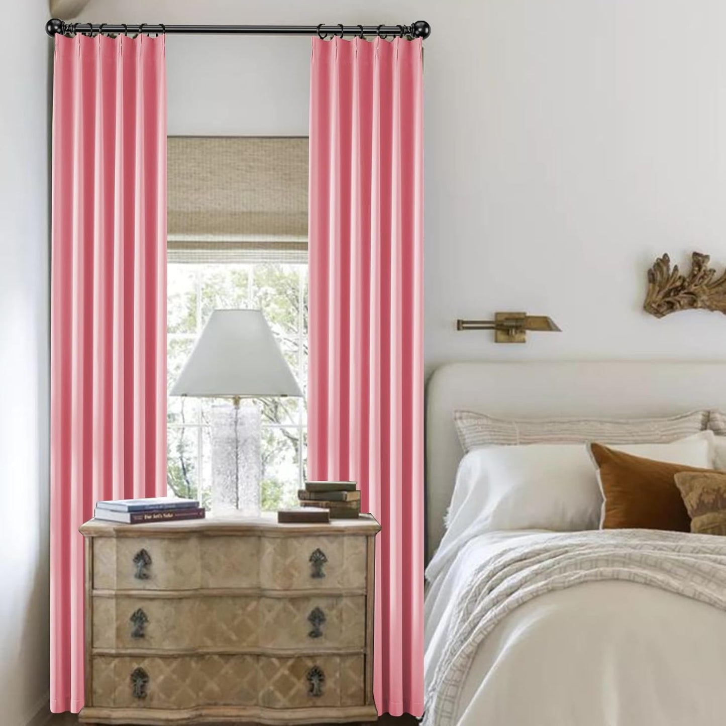 KangBang Pink Pinch Pleated Curtains 90 Inches Long for Bedroom, Blackout Energy Saving Aesthetic Modern Peach Pink Curtains & Drapes with Adjustable Hooks 2 Panels,40Wx90L