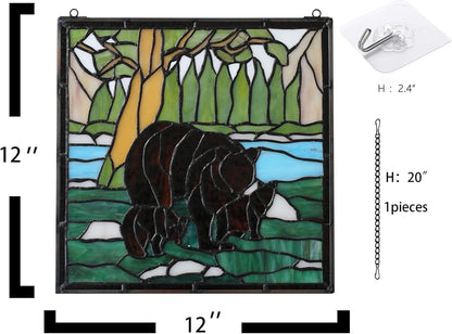 bwkoiujes Stained Glass Window Hanging 12" Square Tiffany Animal Style 3 Brown Bears Suncatcher Wall Decor Art Panel Includes 20" Chain and Hooks The Perfect Housewarming Gift