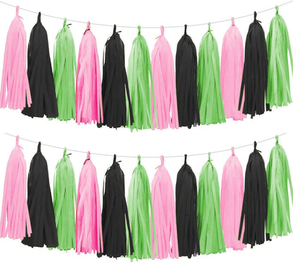 Tissue Paper Tassel Garland Banner, 15 Pack, Pink Green Black, Party Decorations for Birthday, Baby Shower