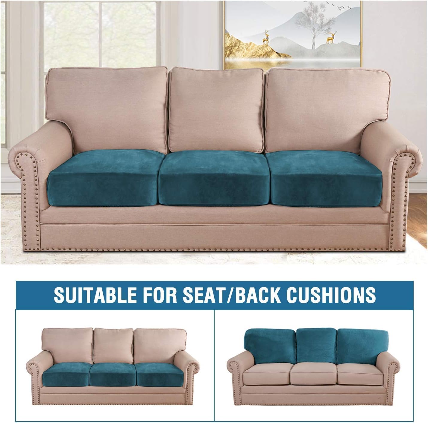 H.VERSAILTEX Velvet Stretch Couch Cushion Cover Plush Cushion Slipcover for Chair Loveseat Sofa Cushion Furniture Protector Seat Cushion Sofa Cover (3 Piece XL Sofa Cushion Covers, Deep Teal)
