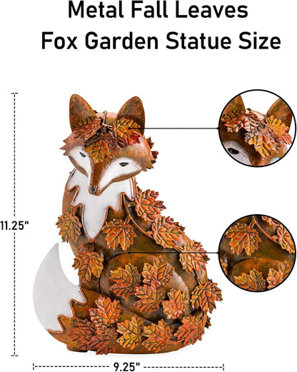 Elenon Metal Fox Statue Art Garden Decoration, Handcrafted Standing Fox Ornament Decor with Fall Leaves, Mid Century Fox Figurine Outdoor Decor for Patios, Lawns, Flower Bed