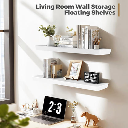 36"x6.8"x1.6" Slanted Floating Wall Shelves 2-Pack - Rustic White Finish, Heavy-Duty Solid Wood Design with Hidden Brackets - Perfect for Living Room, Kitchen, Bathroom, or Office