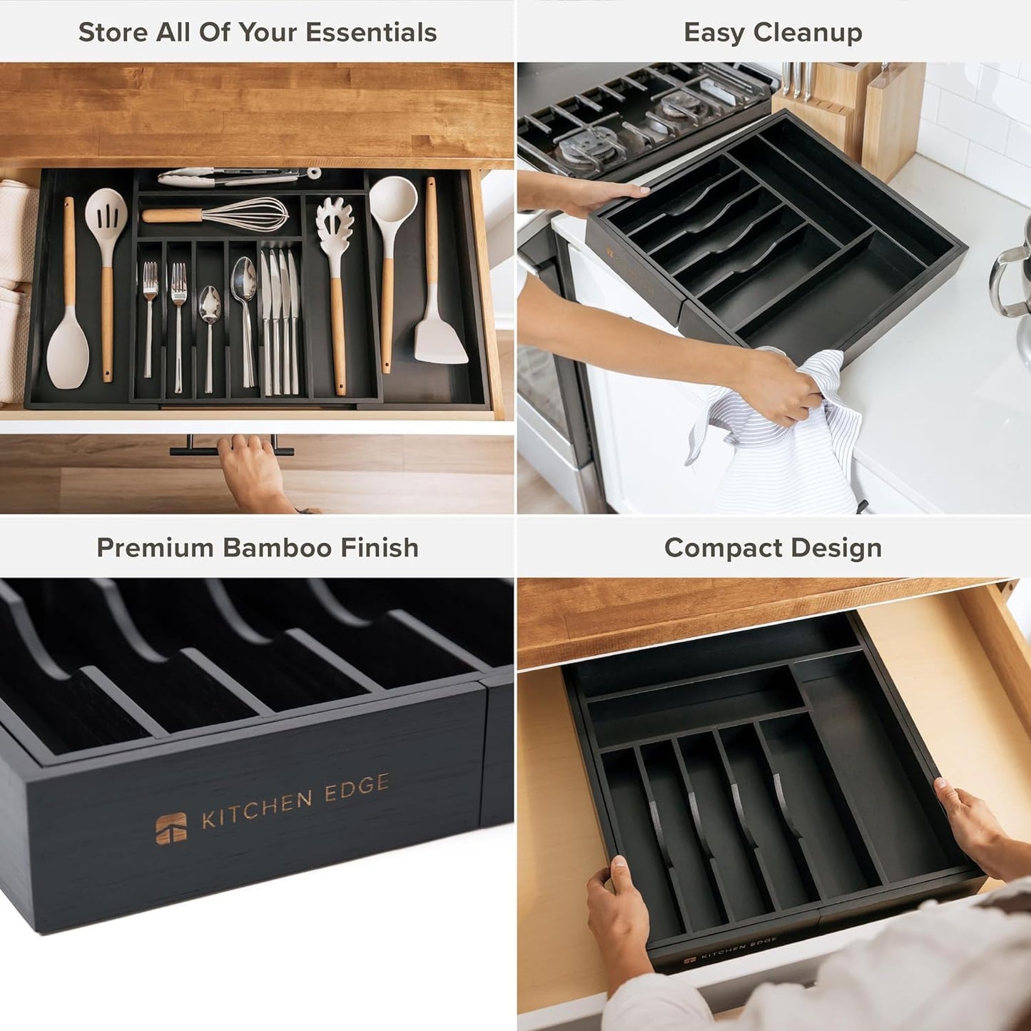 Premium Silverware, Flatware and Utensil Organizer for Kitchen Drawers, Food-Safe Contract Grade, Expandable from 16 to 28 In, Black Bamboo