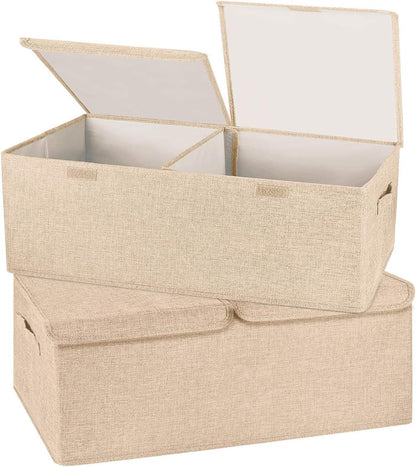 2 Pack Storage Boxes with Lids and Handles, Collapsible Linen Storage Bins Organizer Containers Baskets Cube with Removable Divider for Home Bedroom Closet Office (Khaki, Small)