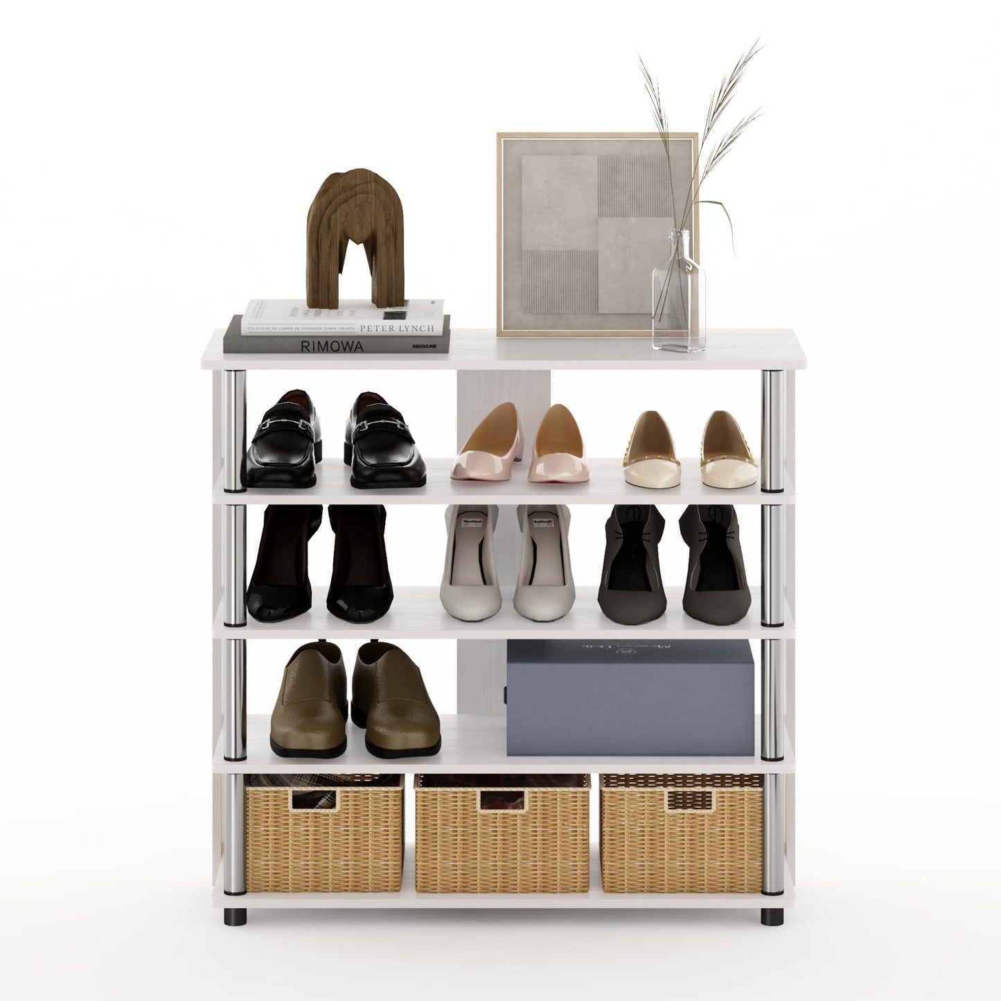 Furinno Turn-N-Tube 5 Tier Wide Shoe Rack, White Oak, Stainless Steel Tubes 32 Inch