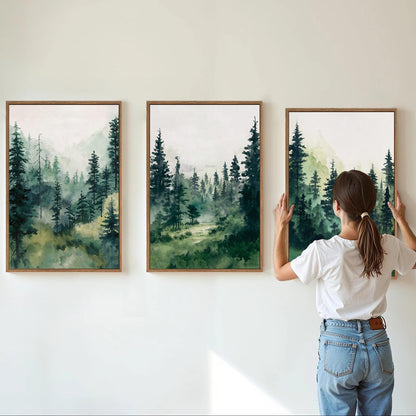 Tinonedraw Misty Forest Framed Canvas Wall Art Set, Modern Pine Trees Wall Painting, Watercolor Nature Foggy Landscape Wall Decor, Neutral Mountain ArtWork for Bedroom Living Room and Office 24"x36"x3