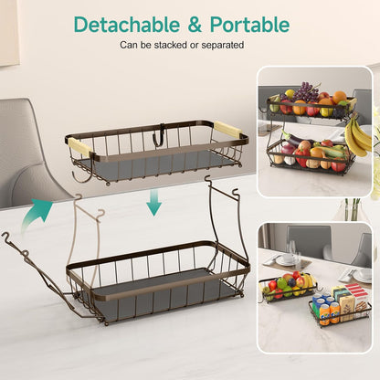2 Tier Fruit Basket for Kitchen Counter with 2 Banana Hangers, 2025 Pro Detachable Metal Fruit Bowl with Wooden Handle,Fruit Holder for Bread Snack Veggies, Brown
