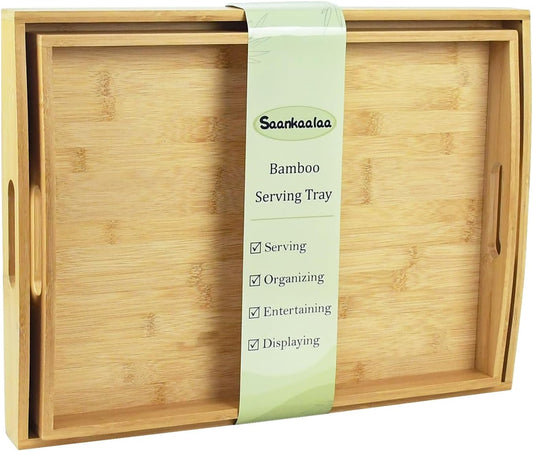 Bamboo Serving Tray Set of 2 Elegant for Coffee, Eating or Decor - Large and Small Rectangle Serving Trays with Handles - Wood Serving Tray Suitable for Home, Kitchen and Outdoor