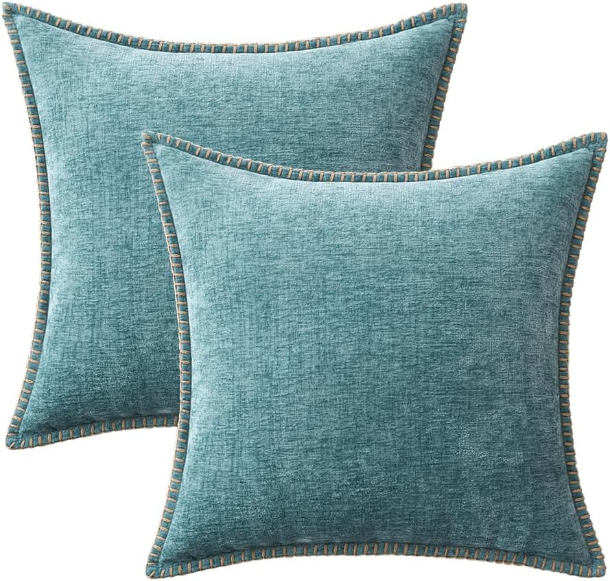 MIULEE Pack of 2 Couch Throw Pillow Covers 20x20 Inch Smoke Blue Farmhouse Decorative Pillow Covers with Stitched Edge Soft Chenille Solid Dyed Spring Pillow Covers for Sofa Bed Living Room