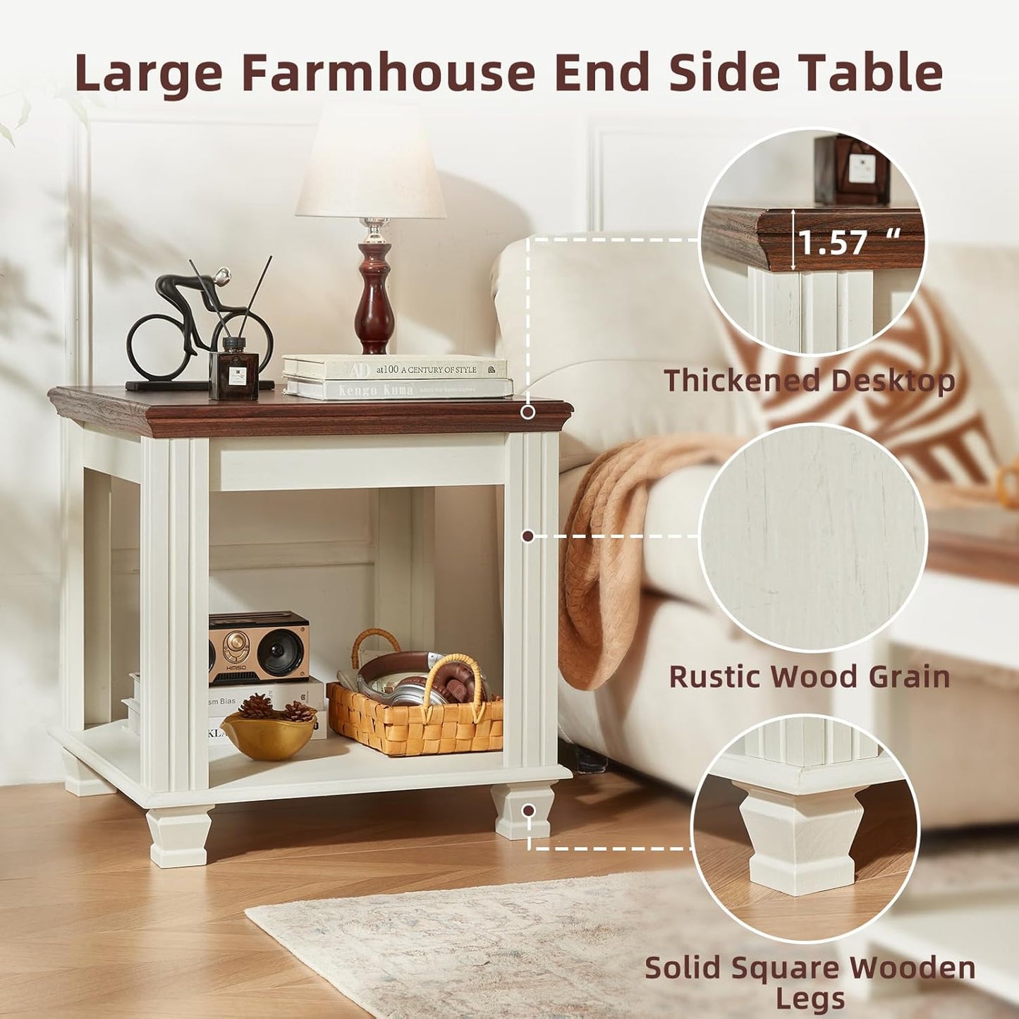 Farmhouse End Table with 2-Tier Storage Shelf, 22.8 inch Side Table for Living Room,Modern Nightstand,Small Bedside Table for Bedroom,White