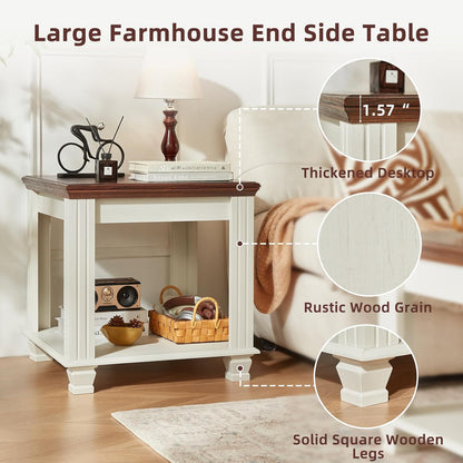 Farmhouse End Table with 2-Tier Storage Shelf, 22.8 inch Side Table for Living Room,Modern Nightstand,Small Bedside Table for Bedroom,White