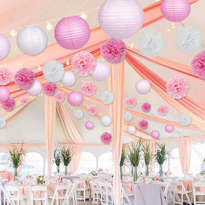 15Pcs Party Pack Paper Lanterns and Pom Pom Balls Hanging Decoration for Wedding Birthday Baby Shower-Pink/White