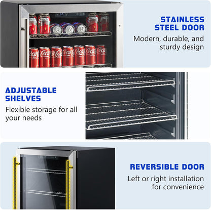 Albott Beverage Refrigerator-24 In fridge with Glass Door, Adjustable Shelves and LED Touch Panel, Under Counter Design for Wine Beer, Built-In or Freestanding Use, 34-64℉