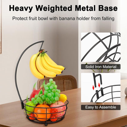 Livabber Countertop Fruit Basket Bowl with Banana Hanger, Modern Standing Fruit Vegetable Bowl Storage, with Banana Tree Holder for Kitchen Dinning Table (Round Metal, Black)