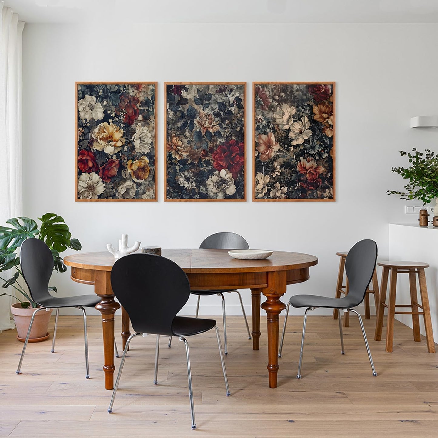 Aurlan Dark Moody Boho Wildflowers Wall Art Set(16"x24"), 3 Pieces Vintage Mid Century Modern Floral Framed Canvas Artwork, Large French Penoy Botanical Wall Decor for Office Bedroom Living Room